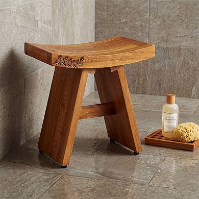 18" Asia Artisan Teak Shower Bench with Carved Leaves on Seat Front