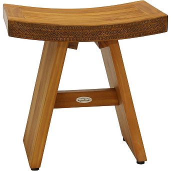 18" Asia Artisan Teak Shower Bench with Carved Pattern on Seat Front