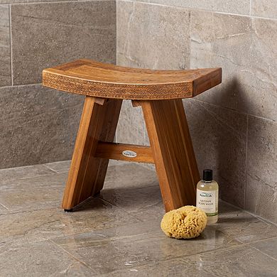 18" Asia Artisan Teak Shower Bench with Carved Pattern on Seat Front