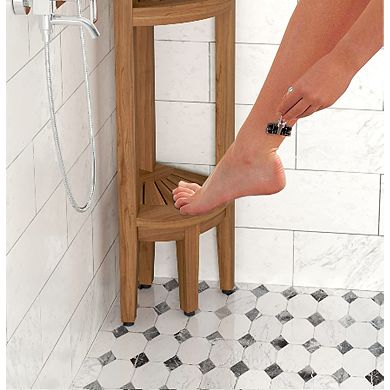 Kai-Petite Two-Tier Corner Teak Bath Stand with Angled Shaving & Washing Foot Rest