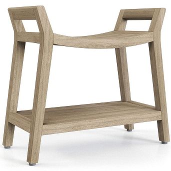 Patented Asia Ascend Mist-Shield Teak Shower Bench with Shelf