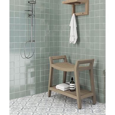 Patented Asia Ascend Mist-Shield Teak Shower Bench with Shelf