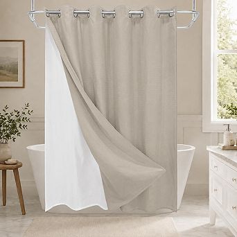No Hook Shower Curtain Set Snap in Detachable Liner Waffle Weave Water Repellent Heavy Duty