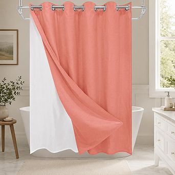 No Hook Shower Curtain Set Snap in Detachable Liner Waffle Weave Water Repellent Heavy Duty