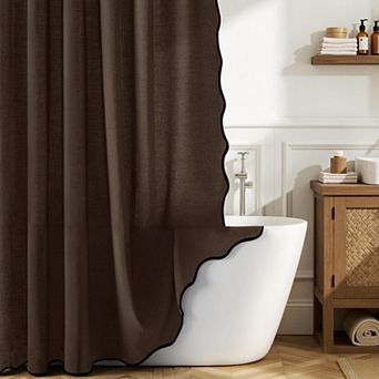 Boho Farmhouse Linen Blend Scalloped Shower Curtain With Rust Proof Hooks Washable Waterproof
