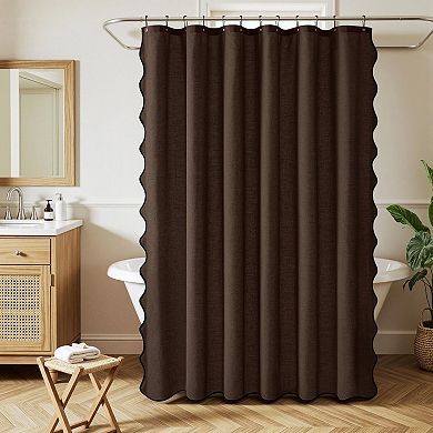 Boho Farmhouse Linen Blend Scalloped Shower Curtain with Rust Proof Hooks, Water Repellent Washable