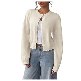 Women's Soft Button Front Long Sleeve Cropped Cardigan Fall Fashion