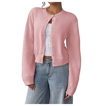 Women's Soft Button Front Long Sleeve Cropped Cardigan Fall Fashion