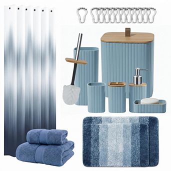 25 pc Complete Bathroom Set With Shower Curtain Rugs Towels And Accessories