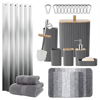 25 pc Complete Bathroom Set With Shower Curtain Rugs Towels And Accessories