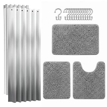 5 pc Modern Chenille Bathroom Set With Shower Curtain Rugs And Hooks