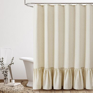 Farmhouse Linen Shower Curtain Ruffle Hem Water Resistant Rustproof Hooks