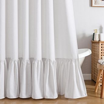Farmhouse Linen Shower Curtain Ruffle Hem Water Resistant Rustproof Hooks