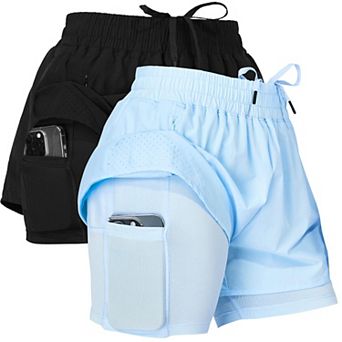 Womens Set of 2 Nylon Workout Running Shorts With Liner and Phone Pocket