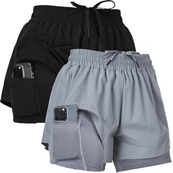 Womens Set of 2 Nylon Workout Running Shorts With Liner and Phone Pocket