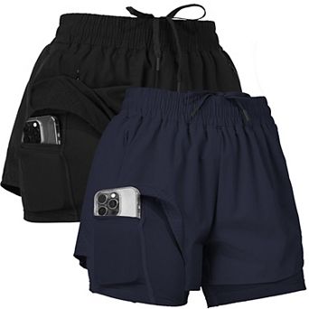 Womens Set of 2 Nylon Workout Running Shorts With Liner and Phone Pocket