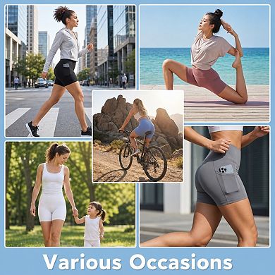 Womens 3-Pack Biker Shorts High Waist Tummy Control Pockets Yoga Workout