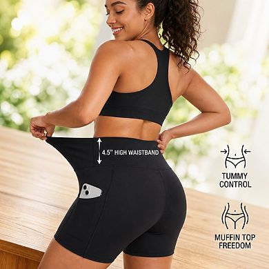 Womens 3-Pack Biker Shorts High Waist Tummy Control Pockets Yoga Workout