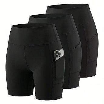 Womens 3-Pack Biker Shorts High Waist Tummy Control Pockets Yoga Workout
