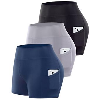 Womens 3-Pack Biker Shorts High Waist Tummy Control Pockets Yoga Workout