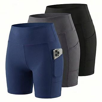 Womens 3-Pack Biker Shorts High Waist Tummy Control Pockets Yoga Workout