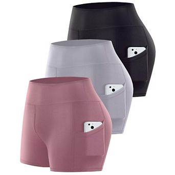 Womens 3-Pack Biker Shorts High Waist Tummy Control Pockets Yoga Workout