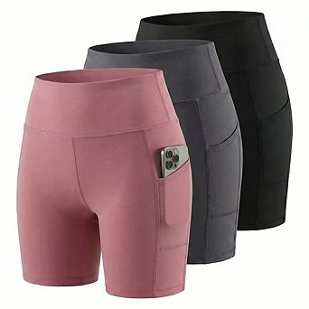 Womens 3-Pack Biker Shorts High Waist Tummy Control Pockets Yoga Workout