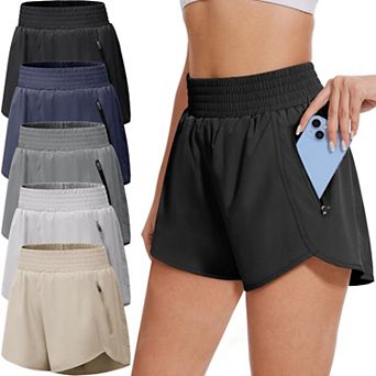 Womens 3-Pack Athletic Shorts Zipper Pockets High Waist Workout Gym Running