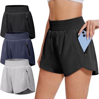 Womens 3-Pack Athletic Shorts Zipper Pockets High Waist Workout Gym Running