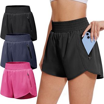 Womens 5-Pack Athletic Shorts Zipper Pockets High Waist Workout Gym Running