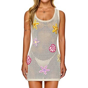 Women's Crochet Beach Cover Up Hand Embellished 3D Starfish Seashells Vacation Dress