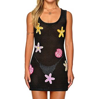 Women's Crochet Beach Cover Up Hand Embellished 3D Starfish Seashells Vacation Dress