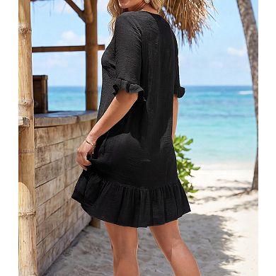 Women's Breathable Ruched Button Front Swimsuit Cover Up Knee Length