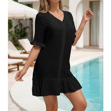 Women's Breathable Ruched Button Front Swimsuit Cover Up Knee Length