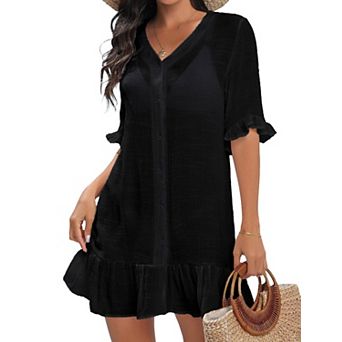 Women's Breathable Ruched Button Front Swimsuit Cover Up Knee Length