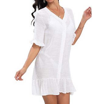 Women's Breathable Ruched Button Front Swimsuit Cover Up Knee Length