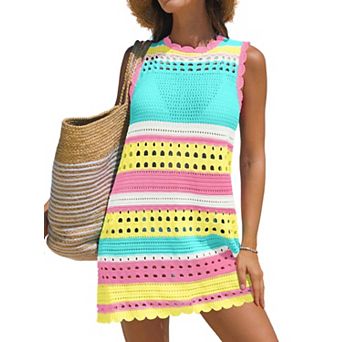 Women's Crochet Beach Cover Up Sleeveless Loose Fit High Neck Vacation Dress