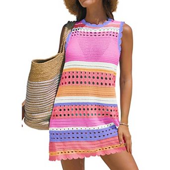 Women's Crochet Beach Cover Up Sleeveless Loose Fit High Neck Vacation Dress