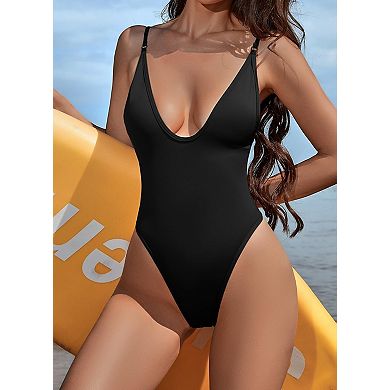 Women's Plunging V Neck High Cut One Piece Bathing Suit