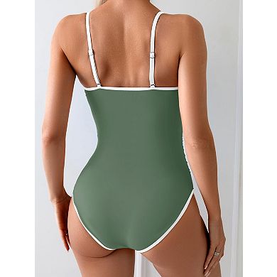 Women's Tummy Control Bathing Suit Color Block Spaghetti Strap Swimwear