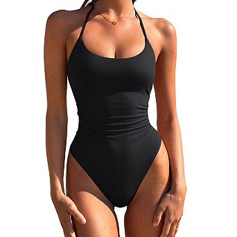 Women's Halter High Cut Tummy Control One Piece Swimsuit With Adjustable Ties And Removable Padding