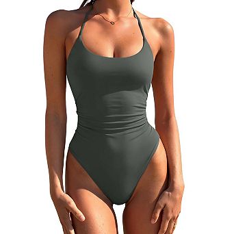 Women's Halter High Cut Tummy Control One Piece Swimsuit With Adjustable Ties And Removable Padding