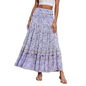 FUNJULY Women Boho Floral Maxi Skirt Elastic High Waist A-Line Skirt Vacation Beach Bohemian Skirt