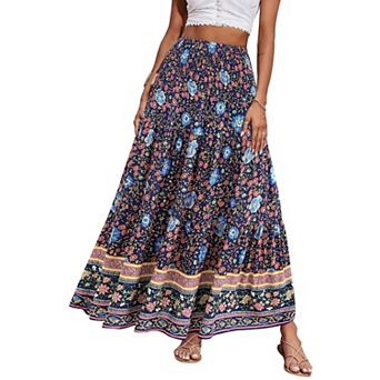 FUNJULY Women Boho Floral Maxi Skirt Elastic High Waist A-Line Skirt Vacation Beach Bohemian Skirt