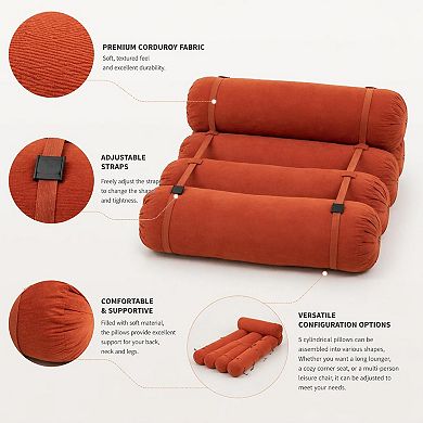 Adjustable Corduroy Floor Sofa with 5 Cylindrical Pillows for Living Room Bedroom
