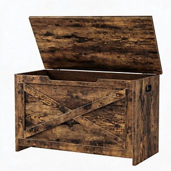 Farmhouse Wooden Storage Chest and Bench with Safety Hinge Multi-Use Entryway Shoe Organizer