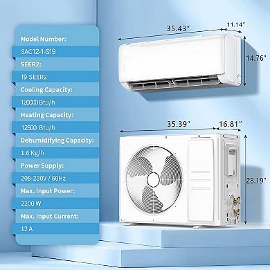 12000 BTU Mini Split AC, 19 SEER2 Inverter Heat Pump, 750 Sq Ft, Wall Mount, Timer