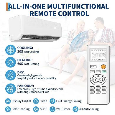 12000 BTU Mini Split AC, 19 SEER2 Inverter Heat Pump, 750 Sq Ft, Wall Mount, Timer