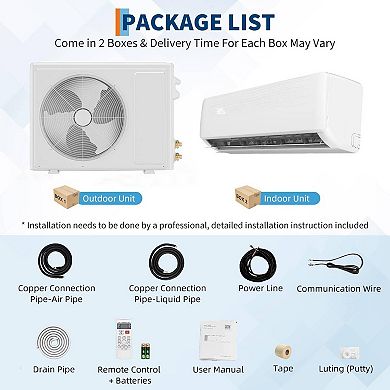 12000 BTU Mini Split AC, 19 SEER2 Inverter Heat Pump, 750 Sq Ft, Wall Mount, Timer