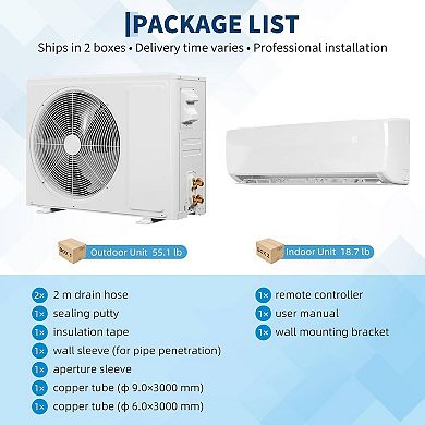 12000 BTU Mini Split AC, 19 SEER2, 30dB, 750 Sq Ft, 230V, R32, Install Kit